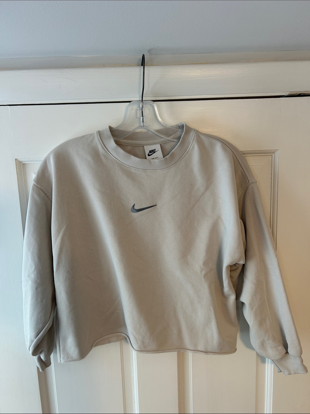 Nike Women's Light Beige Cropped Crew Sweatshirt with Swoosh